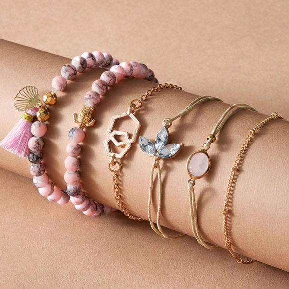 *Avery* Set of 6 Pink and Rose Gold Bracelets - Picture 2 of 3